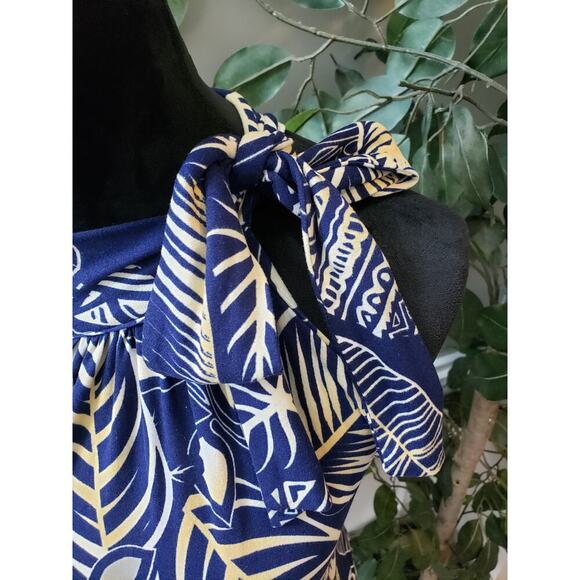 Marianne Sheath Dress Women 1X Blue White Leaf Print Stretch Pleated Halter Neck - Picture 11 of 12